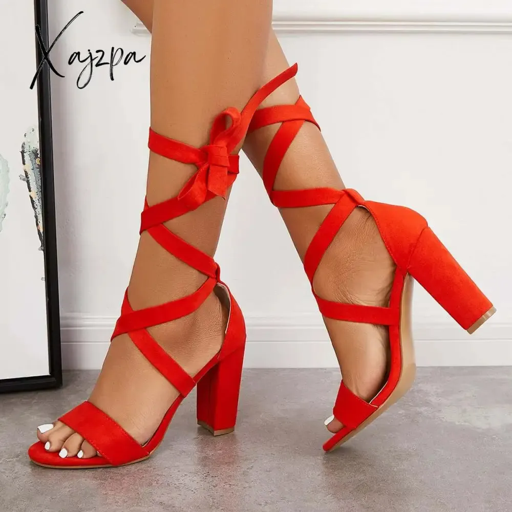 Xajzpa - Women's Wedding High Heels Lace Up Sandals Chunky Block Ankle Tie Strappy Pumps Heels